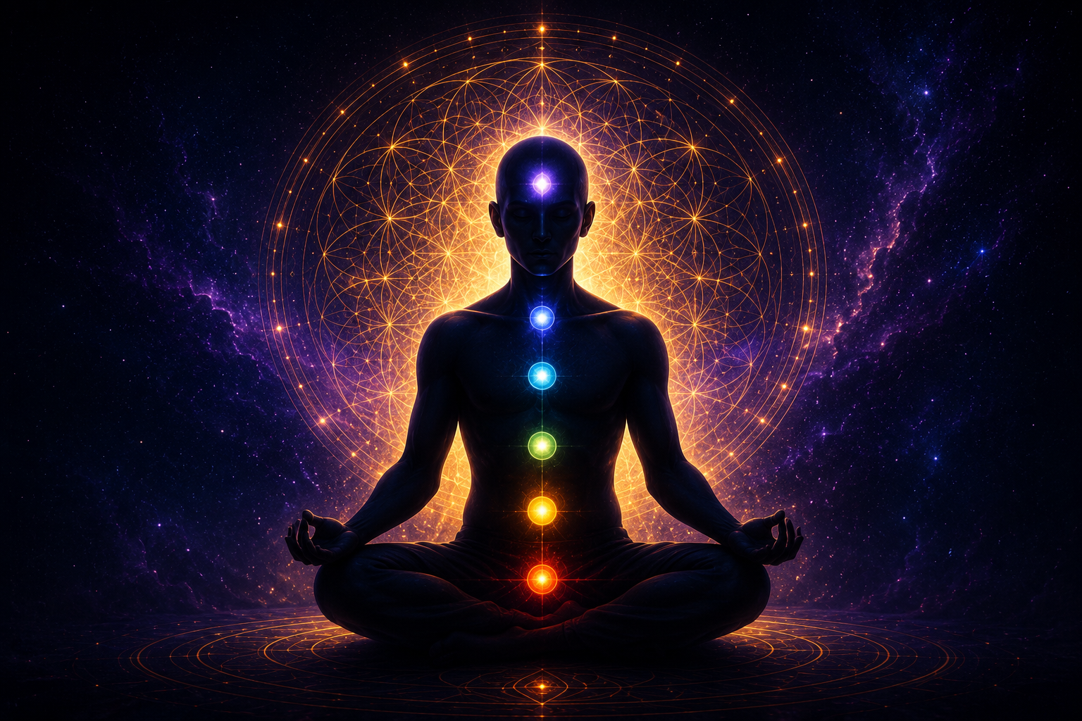 Silhouette of a person meditating in lotus pose with glowing chakra points and sacred geometry mandala background